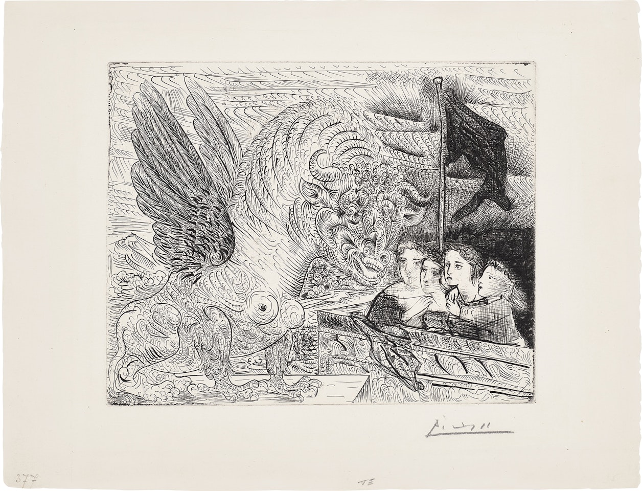 Taureau ailé contemplé par quatre enfants (Winged Bull Watched by Four Children), plate 13 from La Suite Vollard (Bl. 229, Ba. 444) by Pablo Picasso