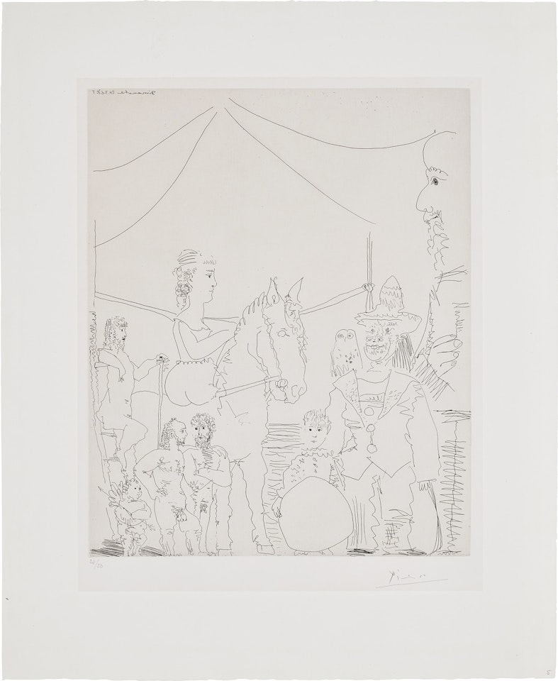 Au cirque: groupe avec écuyère et clown (At the Circus: Group With Horsewoman and Clown), plate 5 from Série 347 (Bl. 1485, Ba. 1500) by Pablo Picasso