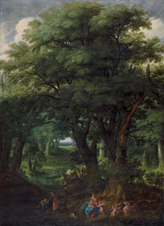 Forest landscape with the rest of the Holy Family fleeing to Egypt by Flemish School