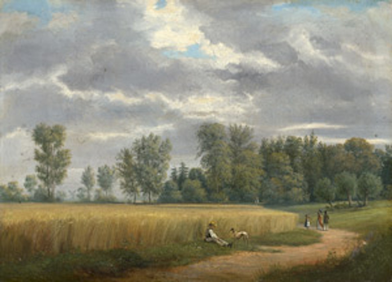 Summer landscape with walkers in a wheat field by German School