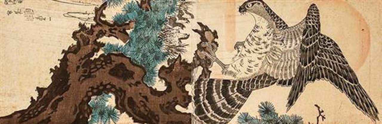 Three Woodblock Prints; A Hawk in an Old Pine Tree; Two Beauties and A Beauty with a Man in a Robe by Utagawa Kuniyoshi