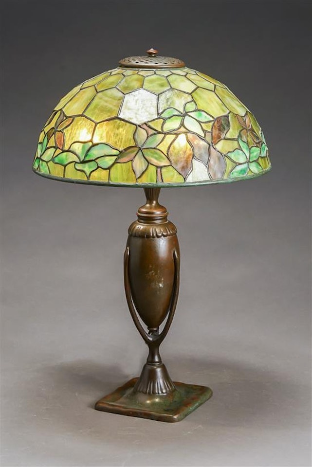 "Woodbine" Translucent Fractured Leaded Glass and Bronze Table Lamp by Tiffany Studios