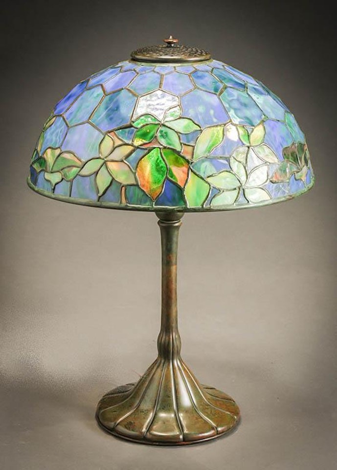 "Woodbine" Translucent Fractured Leaded Glass and Bronze Table Lamp by Tiffany Studios