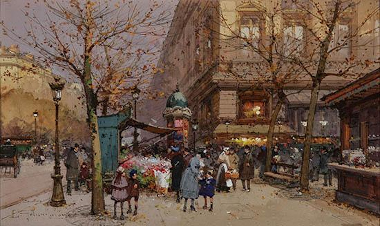 Les Bouquinistes Sur le Quai du Louvre, Paris by Eugene Galien-Laloue