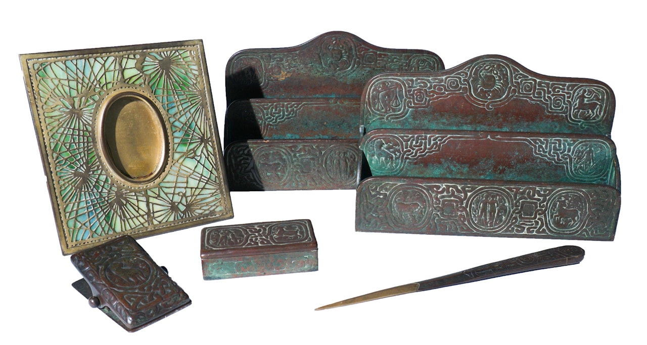 "Zodiac" Five-Piece Desk Set with Slag Glass Inset Gilt "Pine Needle" Frame by Tiffany Studios