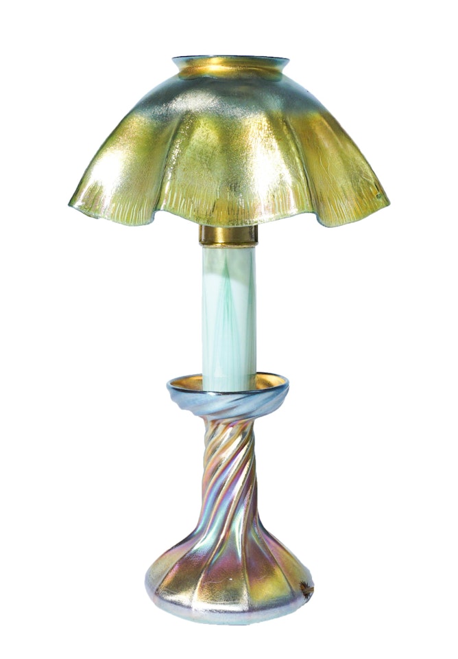 Gold Favrile Glass Electric Candle Lamp with Shade by Tiffany Studios