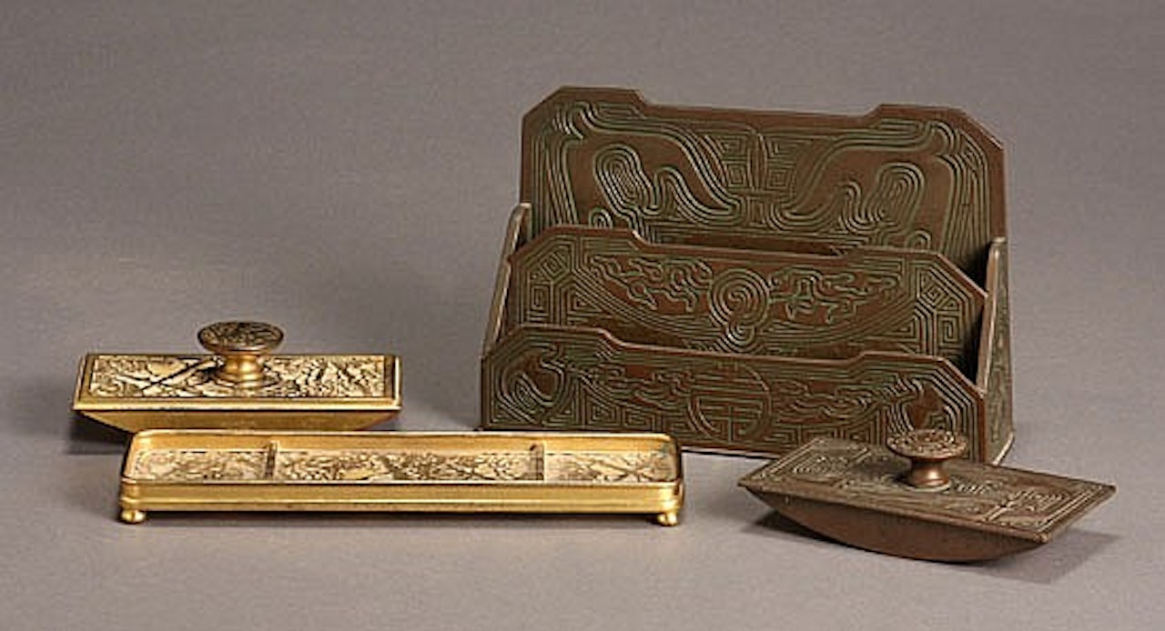 Group of Four Tiffany Studios Patinated Bronze Desk Articles by Tiffany Studios