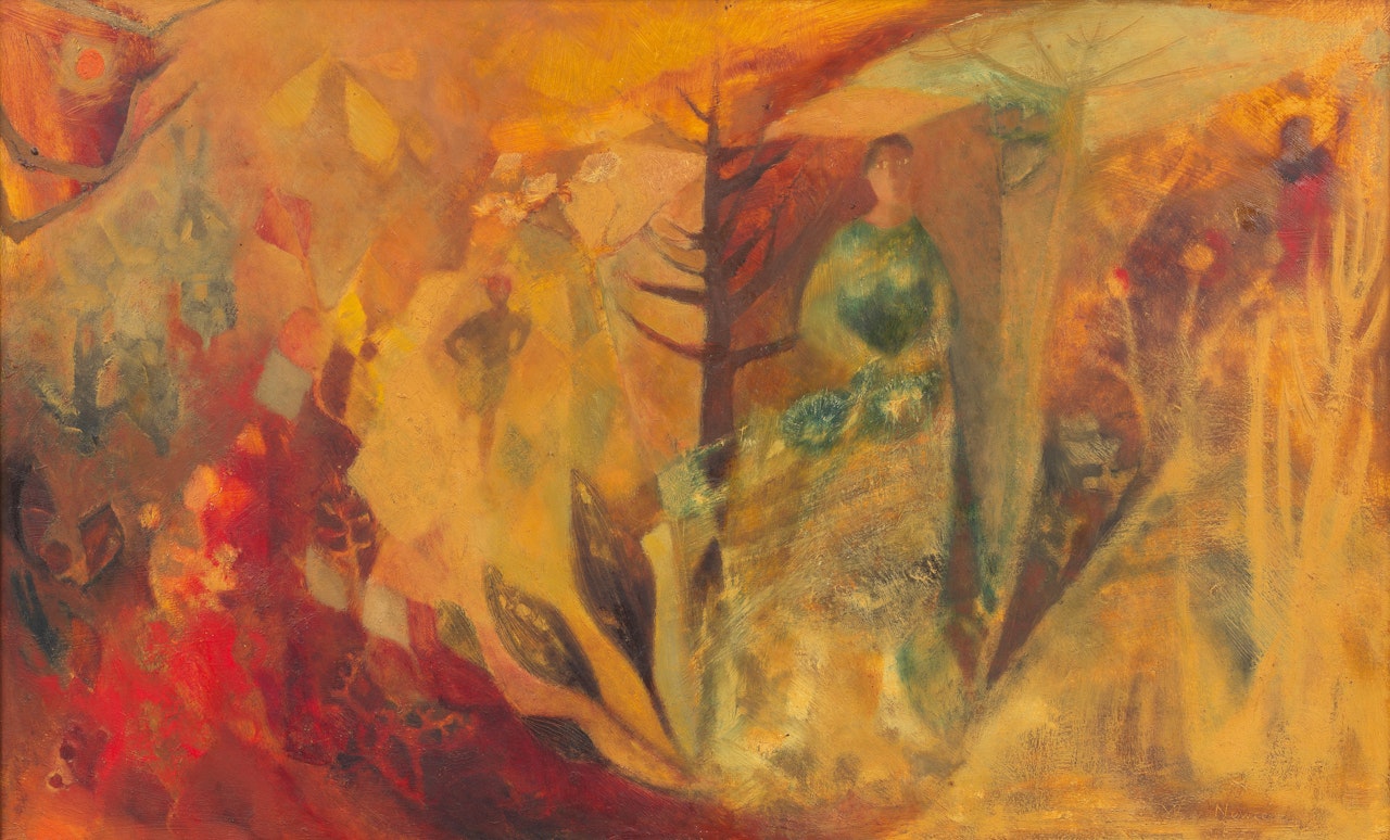 Figures in Autumnal Landscape by Mary Newcomb
