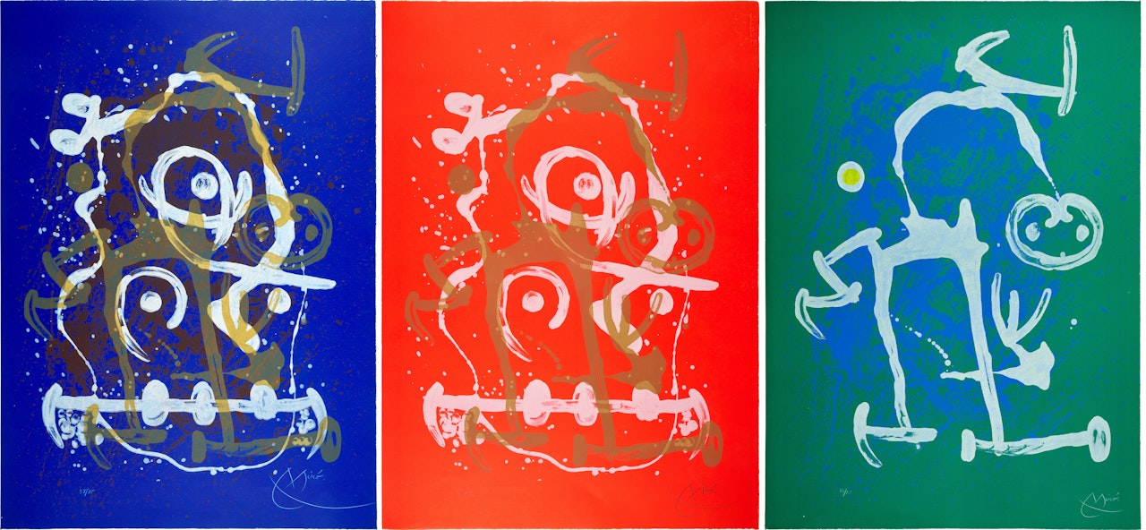 Chevauchée - Bleu Brun, Chevauchée - Rouge et Brun , and L"Illettré - Bleu et Blanc by Joan Miró