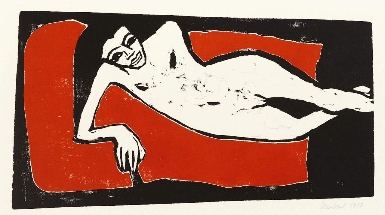 Fränzi liegend (Fränzi reclining); woodcut in red and black by Erich Heckel
