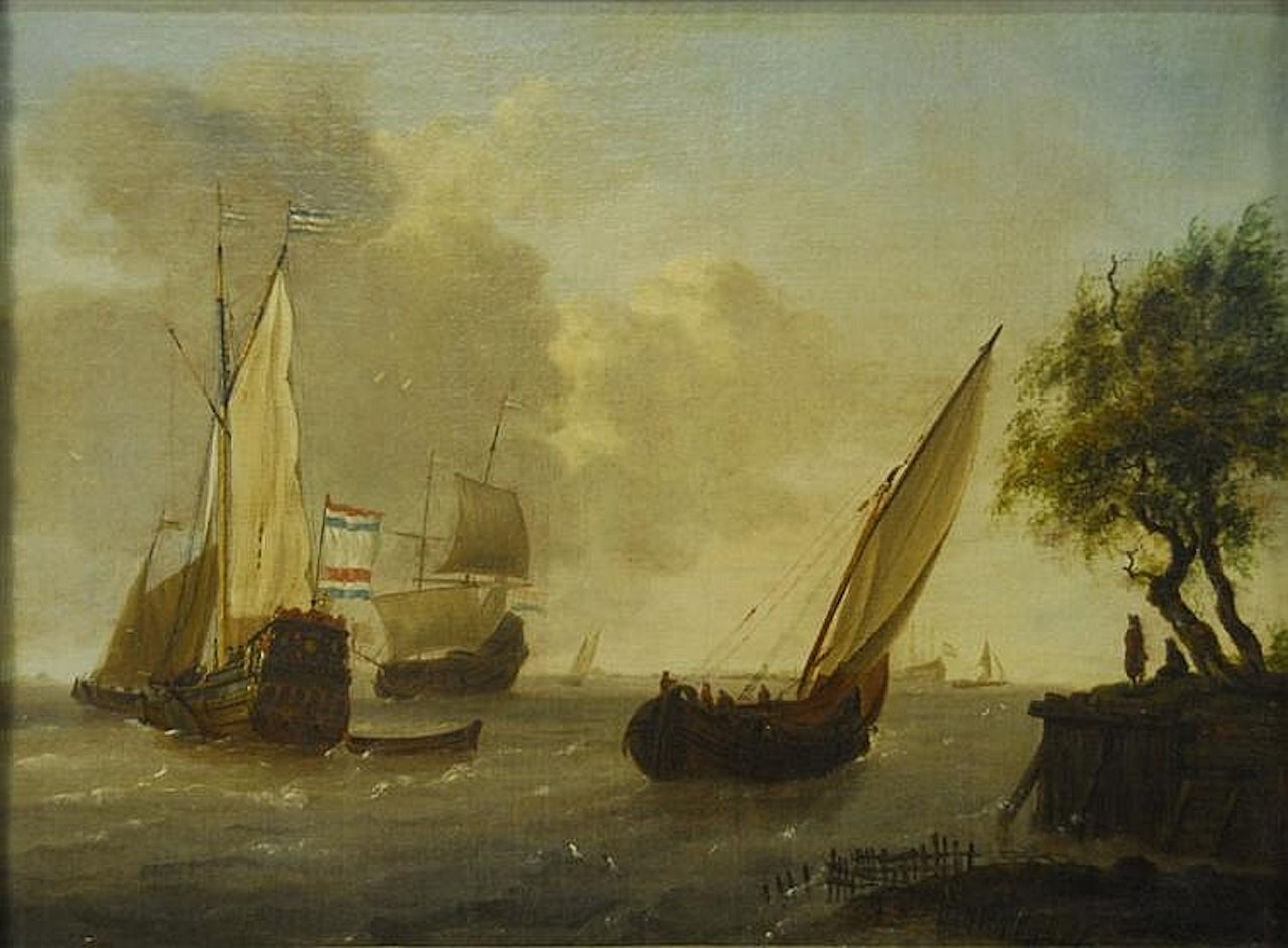 SHORELINE WITH SHIPS AND FIGURES by Continental School