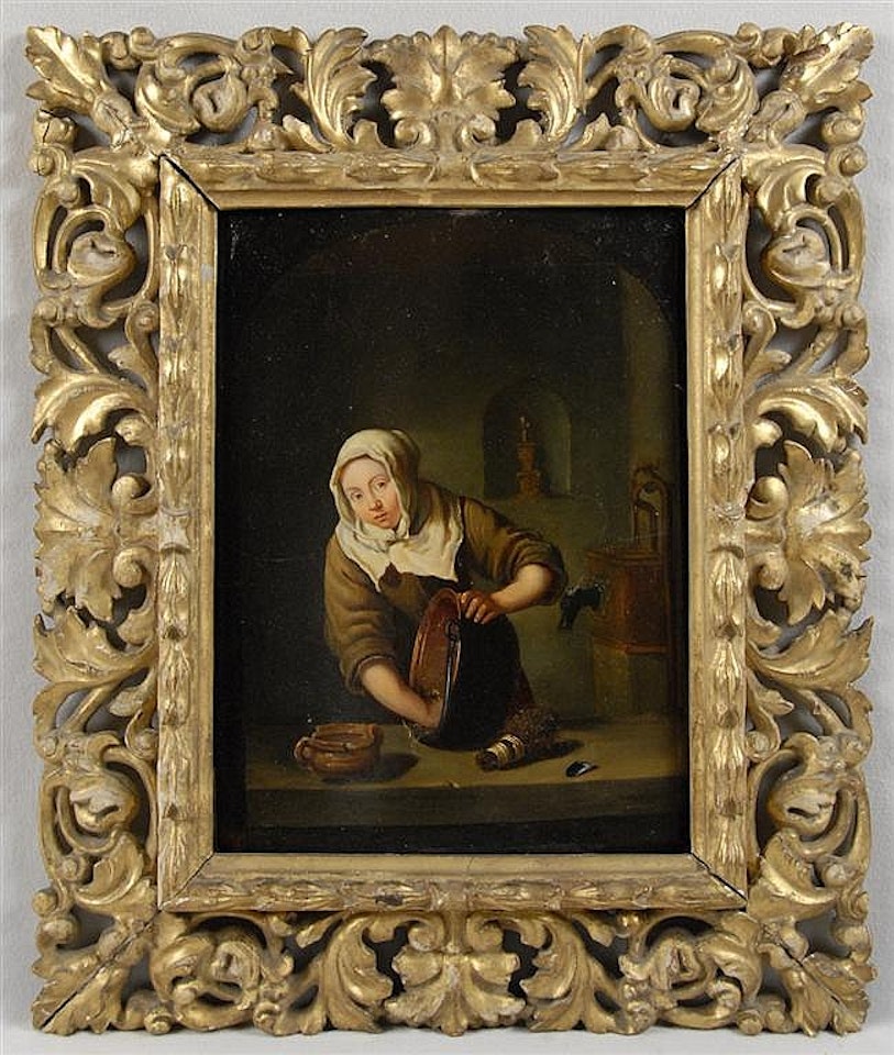 WOMAN WASHING A COPPER BOWL by Dutch School
