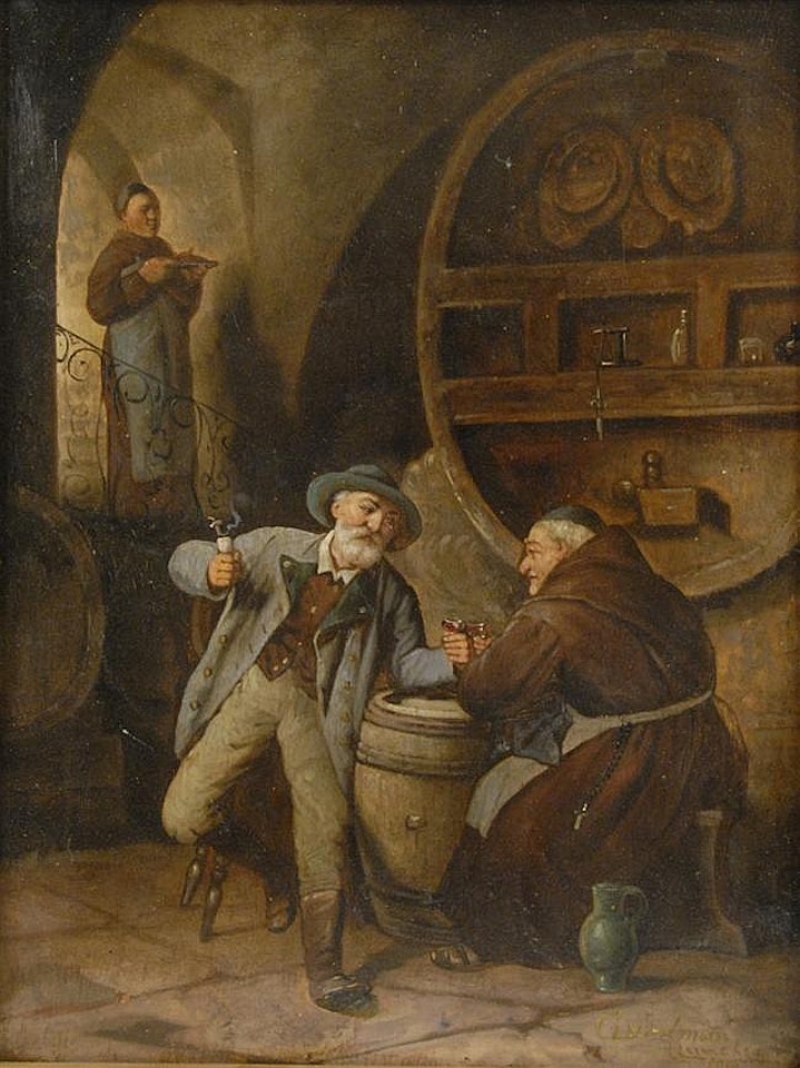 MONK AND GENTLEMAN DRINKING IN THE WINE CELLAR by German School