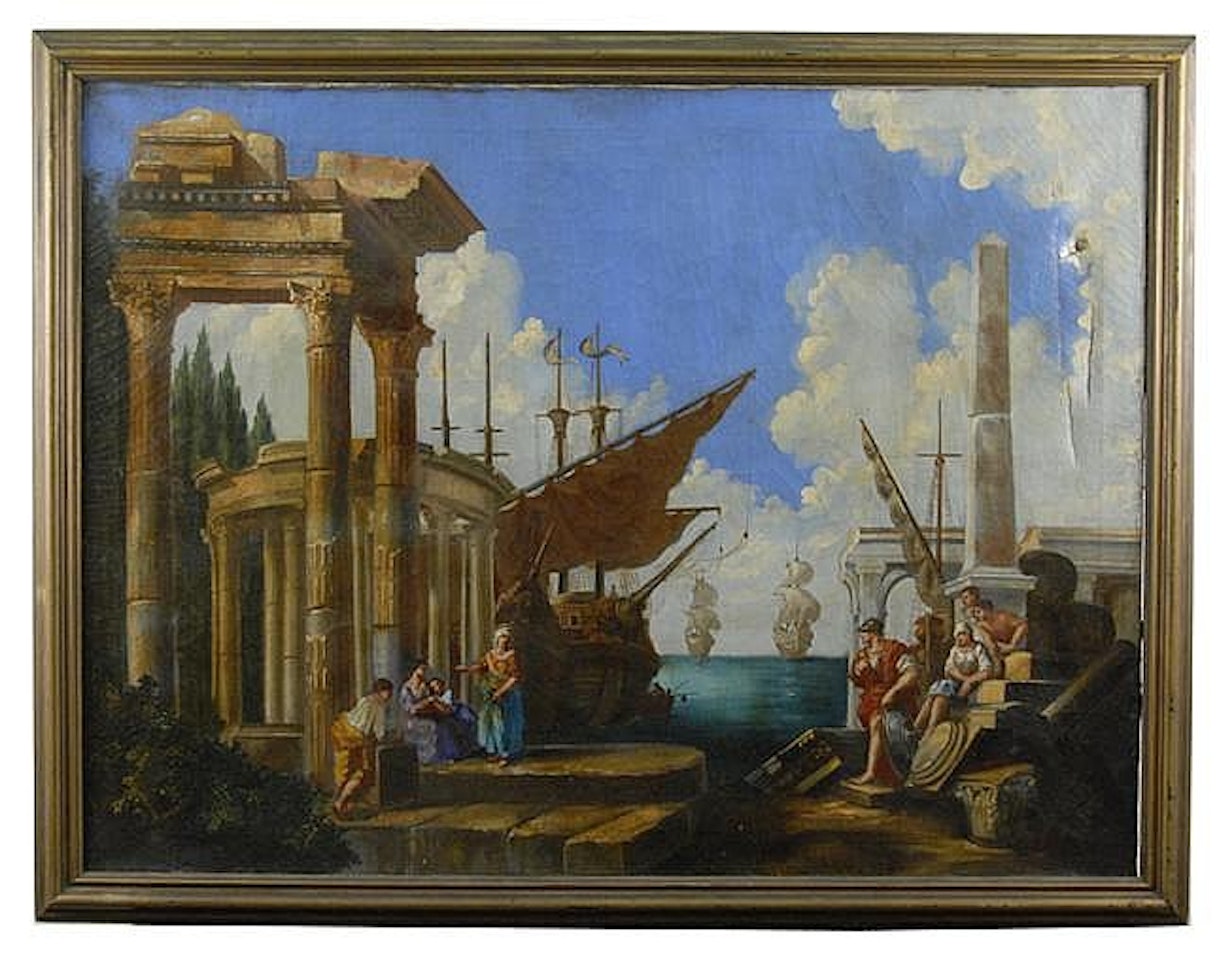 FIGURES BY A HARBOR WITH CLASSICAL RUINS by Italian School