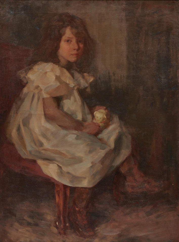 Portrait Of A Little Girl Holding A Toy by James Jebusa Shannon