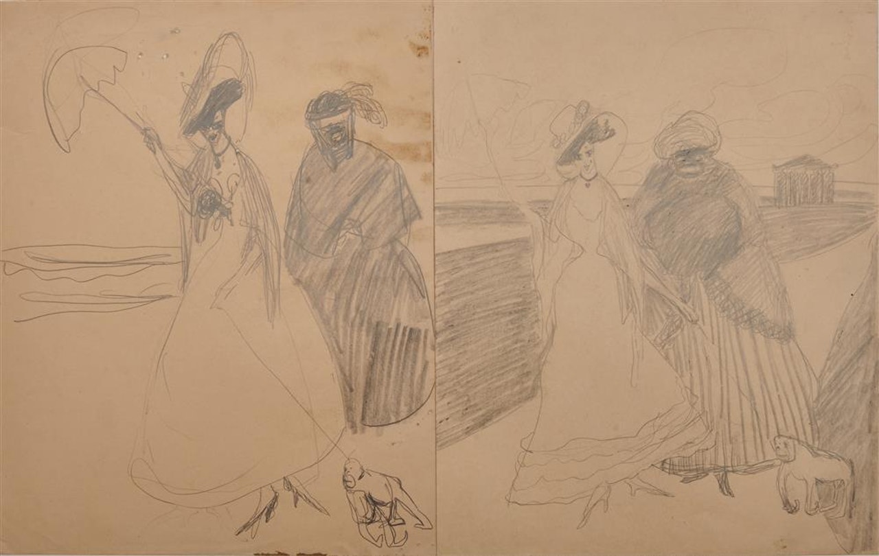 (Two Women with Monkey) by Lyonel Feininger