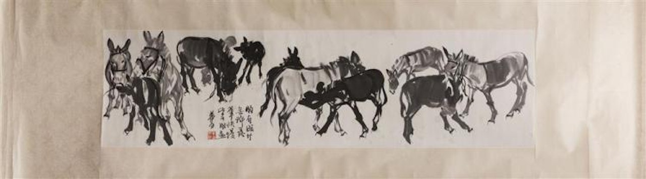 CHINESE SILK SCROLL PAINTING SCROLL PAINTING DEPICTING TWELVE DONKEYS by Huang Zhou