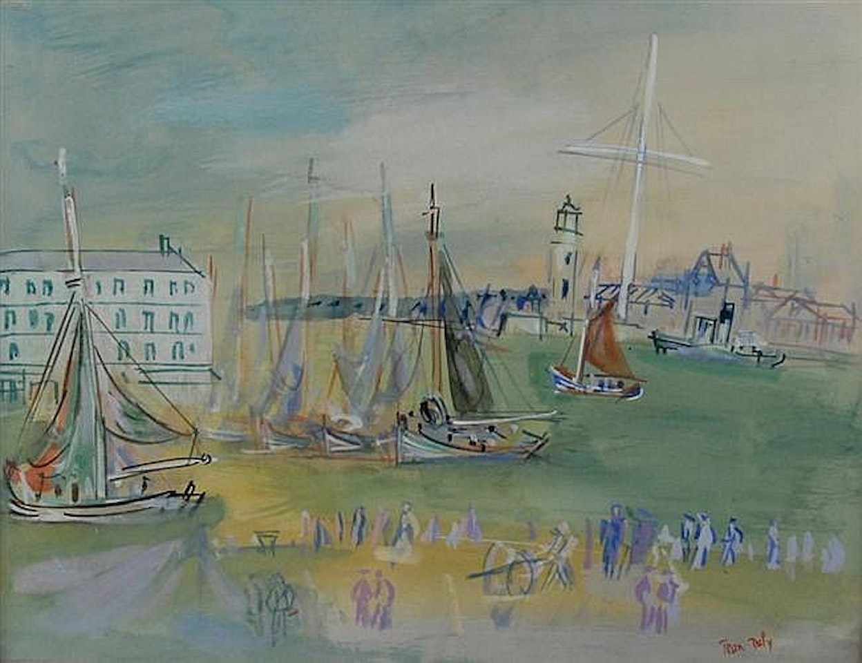 HARBOR VIEW WITH FIGURES, SHIPS AND LIGHTHOUSE by Jean Dufy