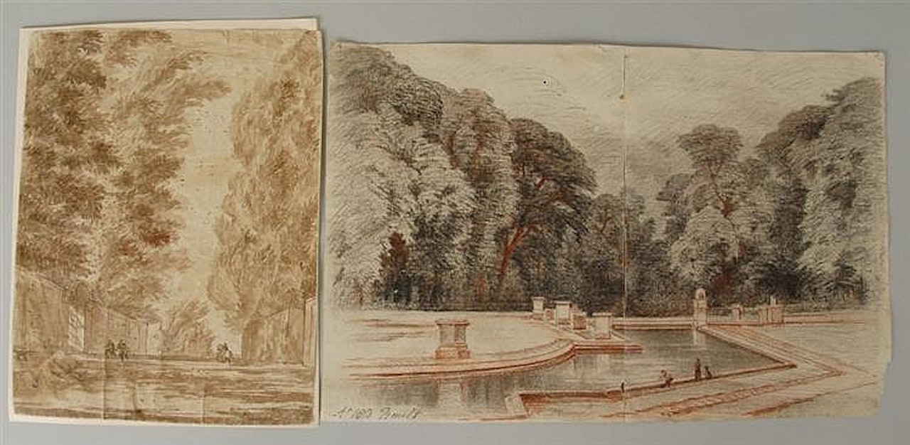 LANDSCAPE WITH FIGURES And FIGURES BY A REFLECTING POOL, by French School