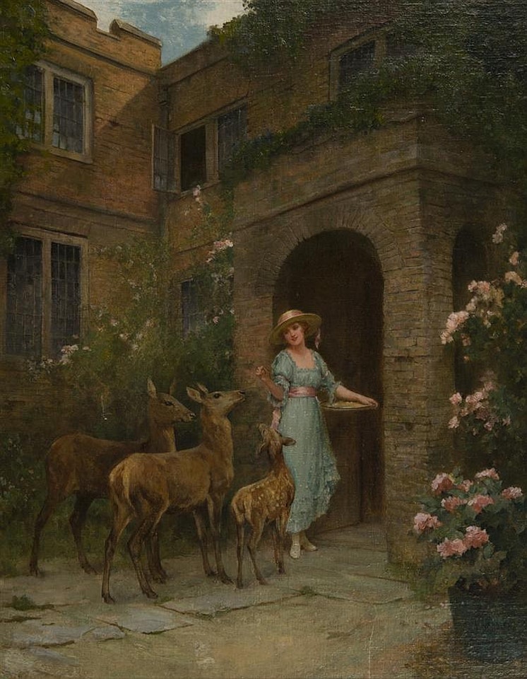 LADY IN A GARDEN WITH DEER by Arthur Wardle
