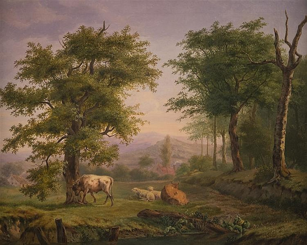 WOODED LANDSCAPE WITH CATTLE BY A STREAM by Dutch School