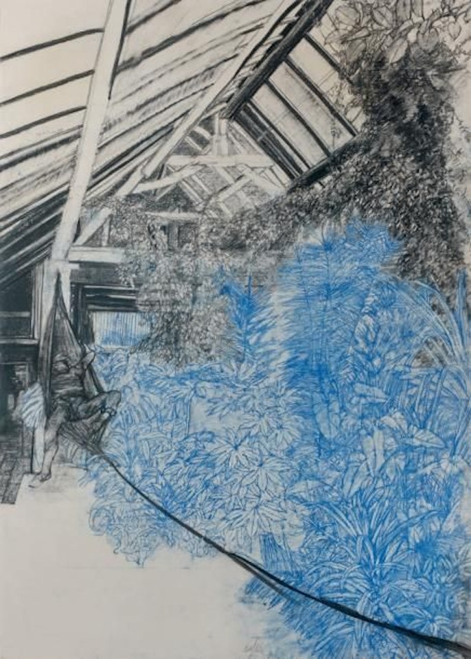 Workshop with blue foliage, Jean Paget in the hammock at La Besnardière by Sam Szafran