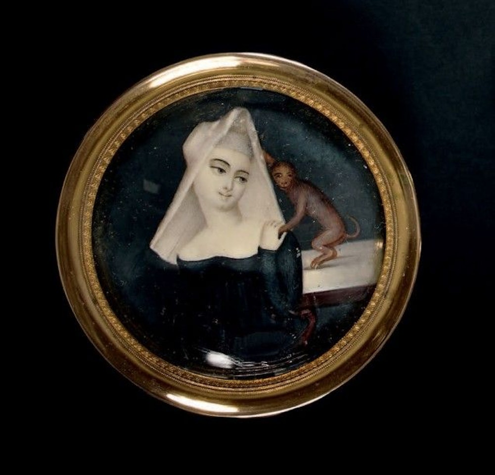 Portrait of a young nun holding the hand of a monkey by French School