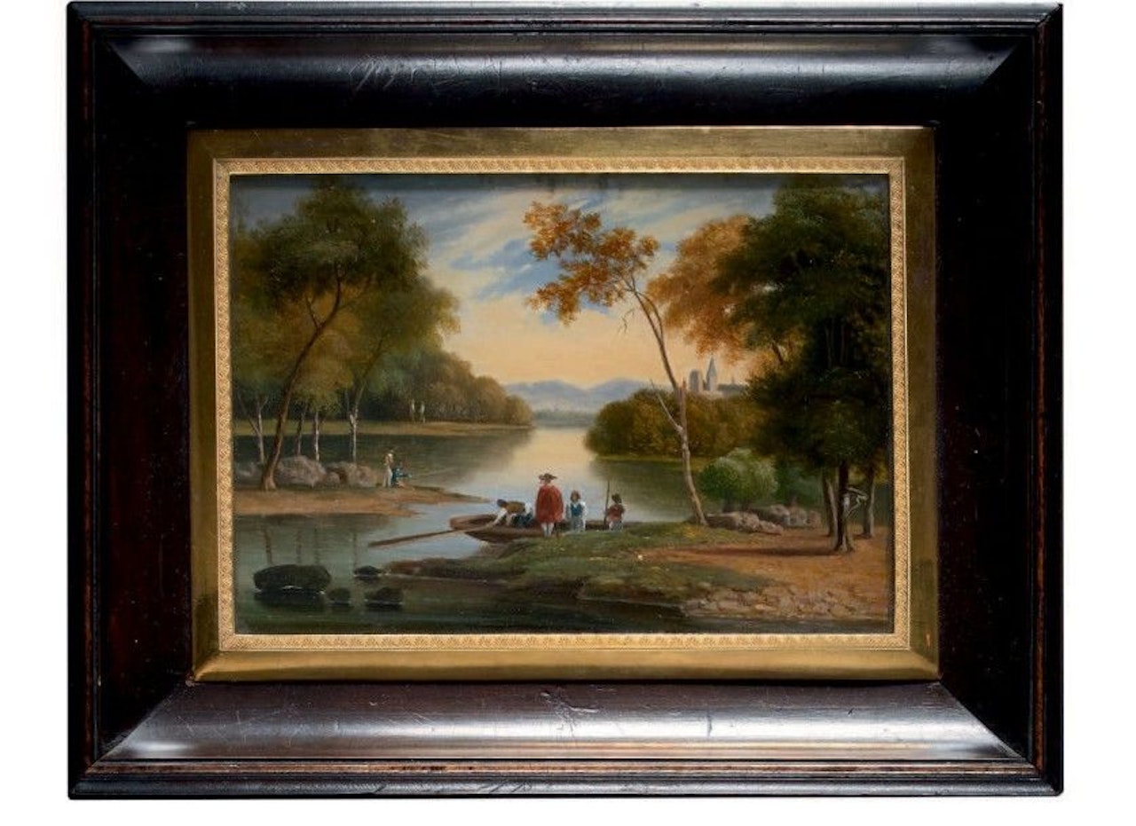 Two lake landscapes animated with characters, boats and teams on the outskirts of villages and in mountainous perspectives by French School