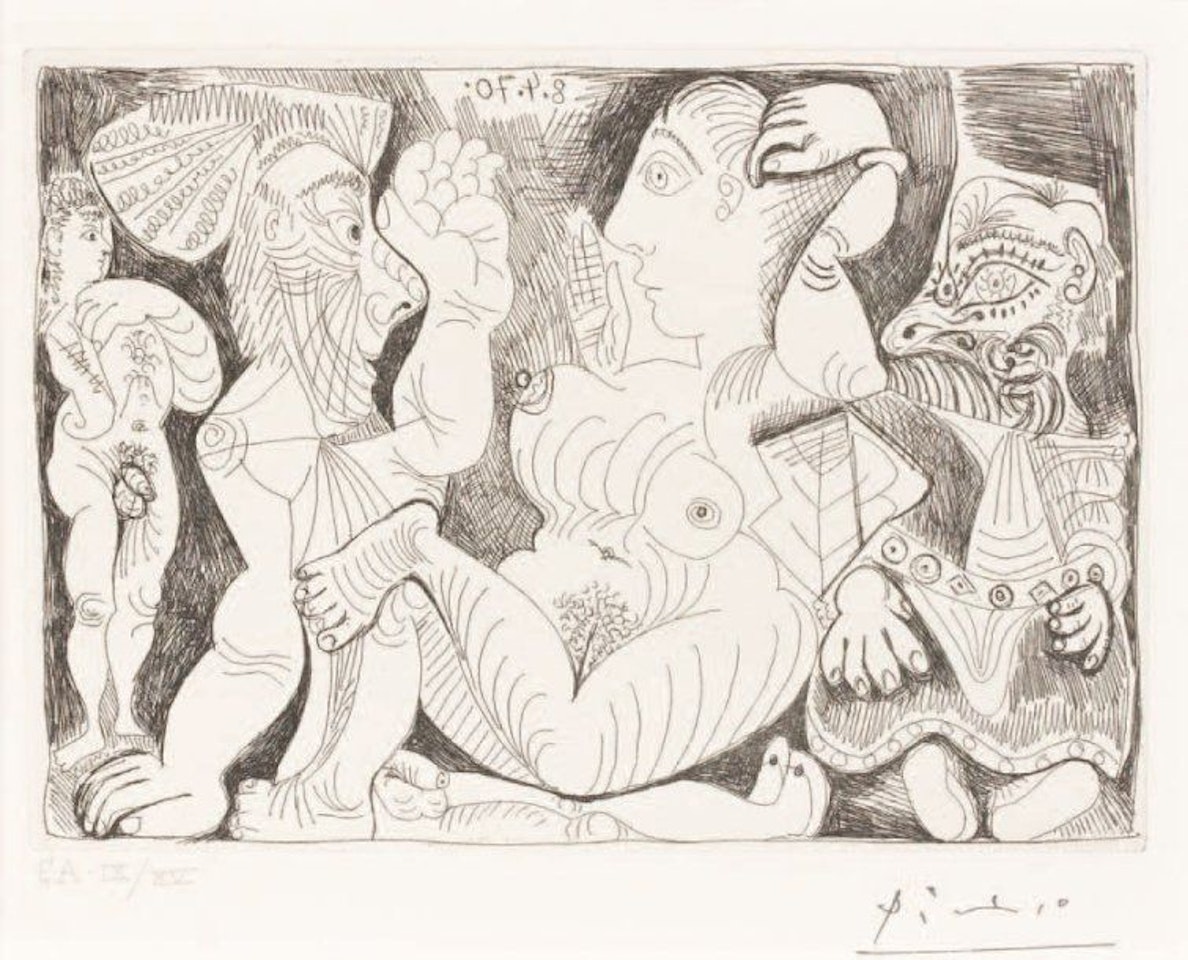 Old man and woman with a young athlete and a dwarf by Pablo Picasso