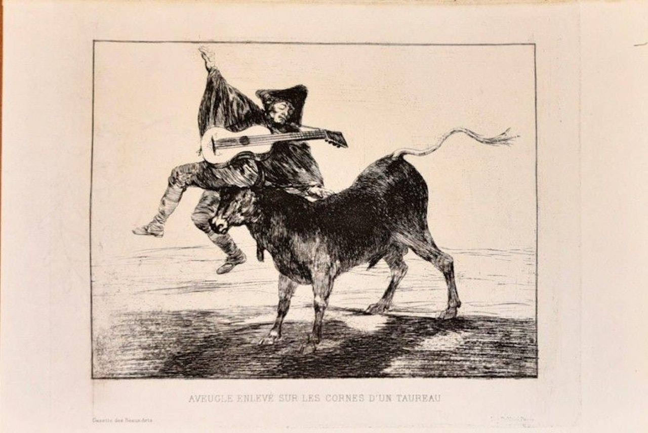 Blind man taken on the horns of a bull by Francisco José de Goya