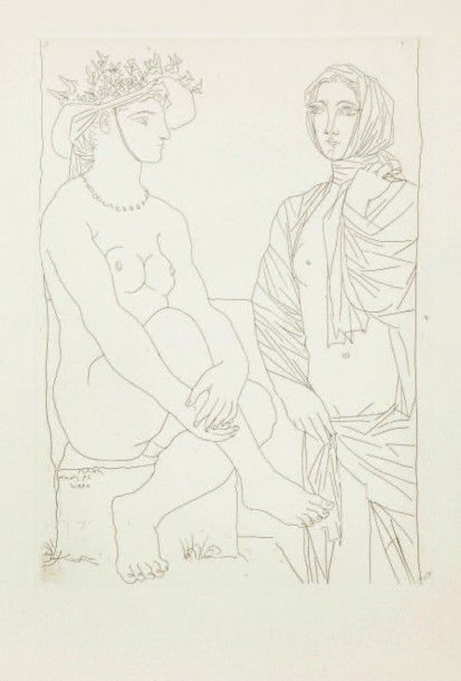 Seated woman with hat and standing draped woman. (Suite Vollard, pl. 79) by Pablo Picasso