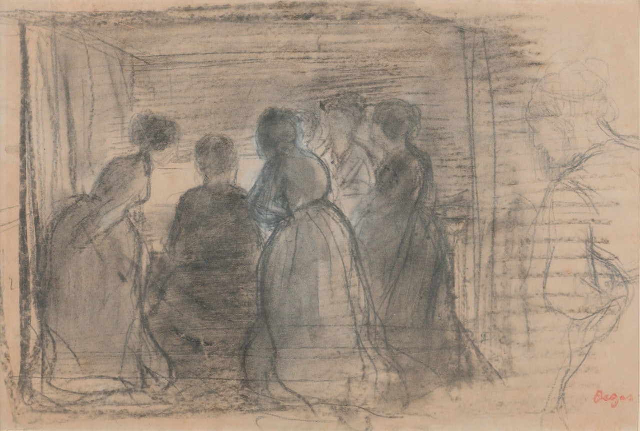 Group of women around the pianist. by Edgar Degas