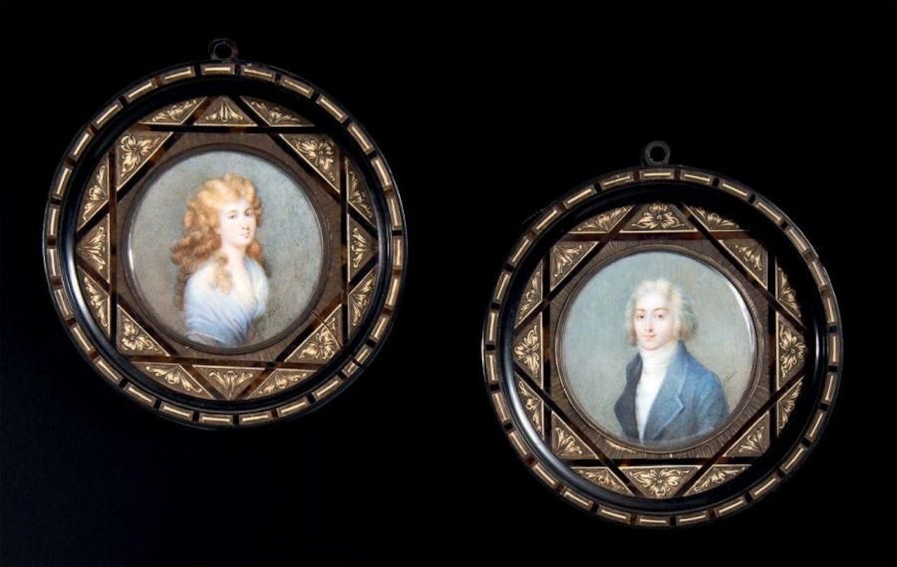 Two  portraits depicting a couple of characters, the first in a blue frock coat, the second in a white veil dress, by French School