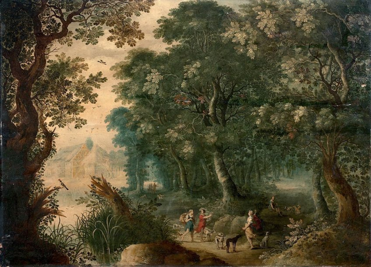 Forest landscape with Diana and her nymphs by Abraham Govaerts