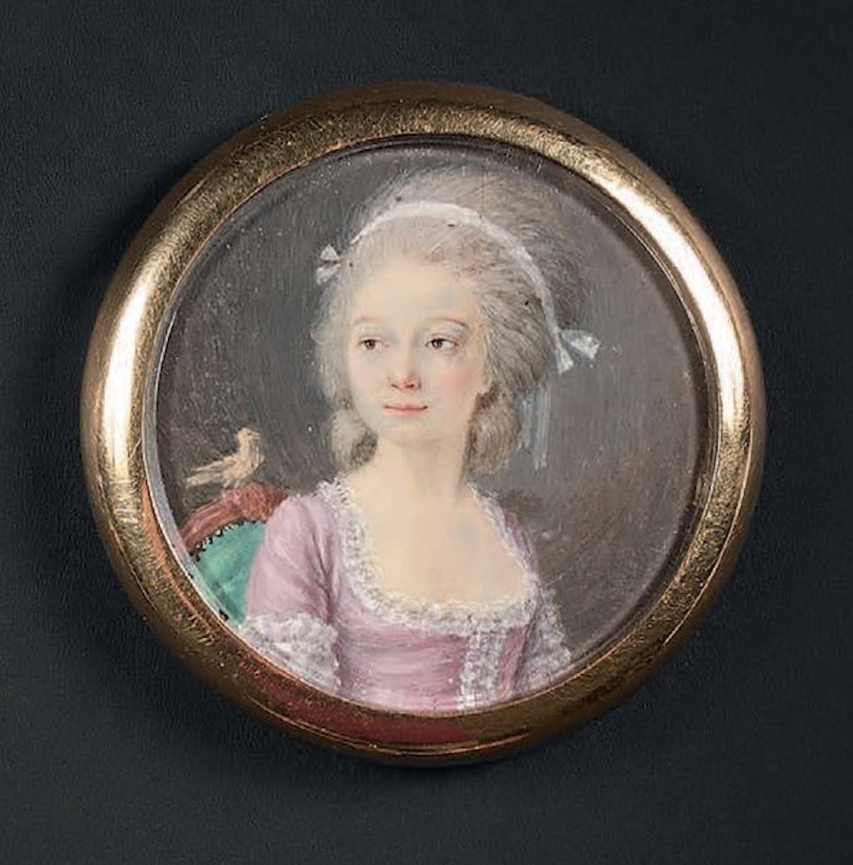 Portrait of a young woman sitting in a purple dress and looking at a bird perched on her chair by French School