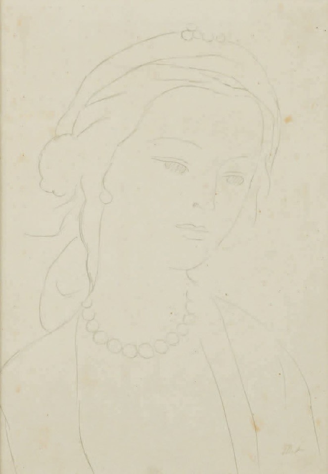 Young girl with a pearl necklace turned to the right by Marie Laurencin