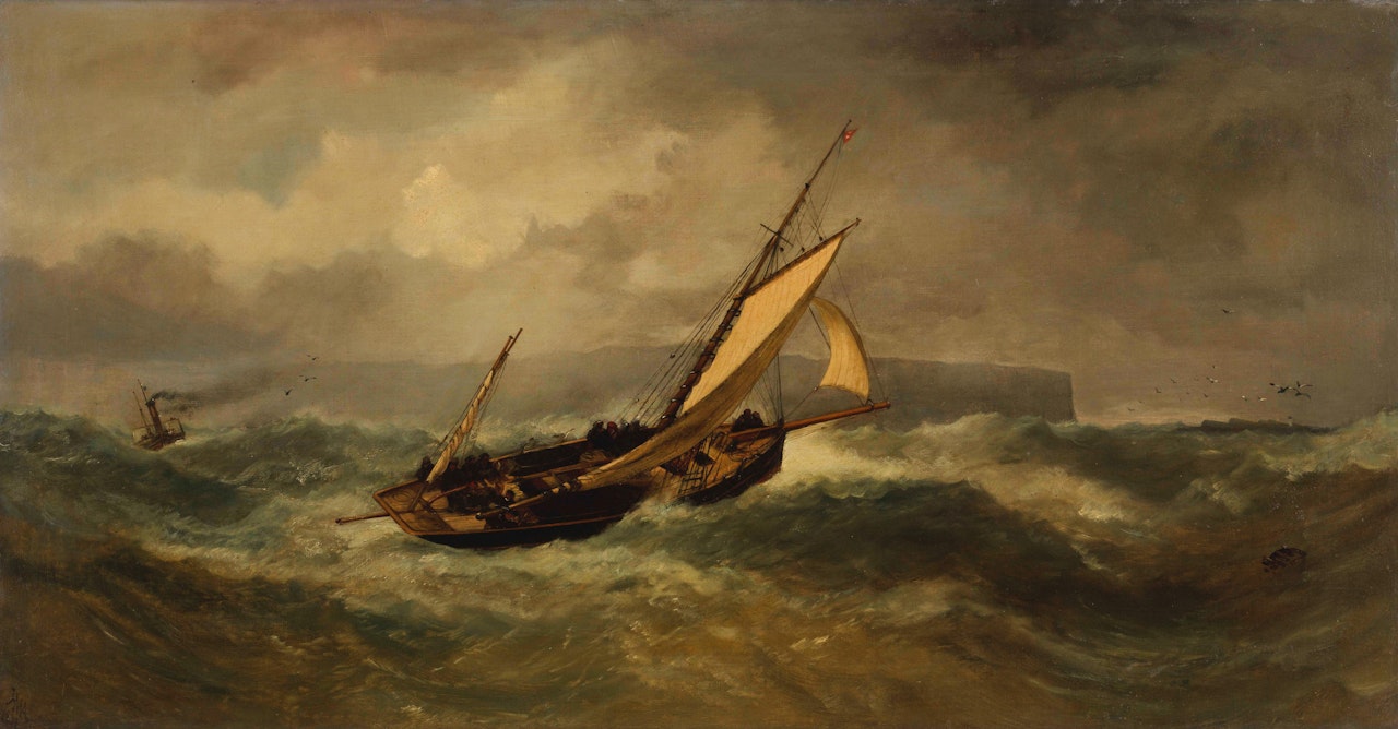 A ketch and a paddle steamer wallowing in heavy seas off the Channel coast by English School