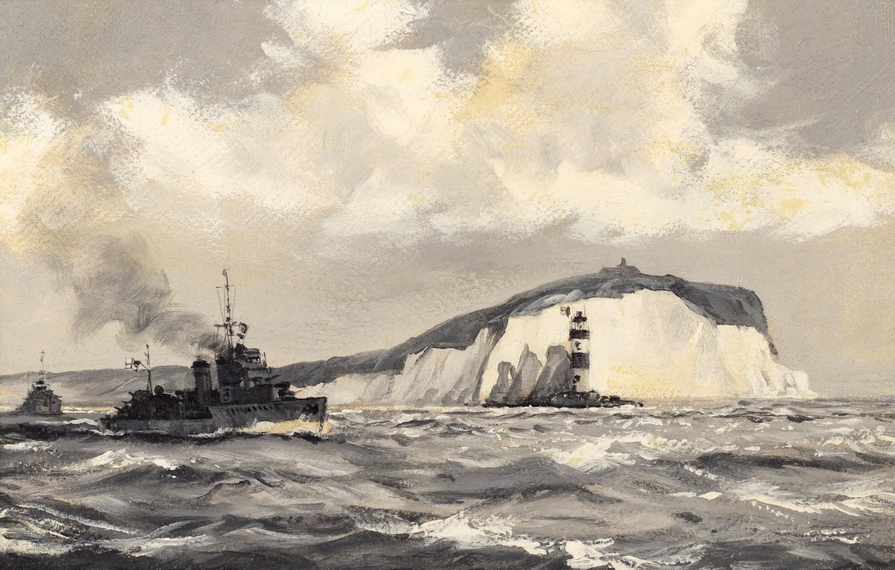 A British destroyer passing the Needles off the Isle of Wight in fine weather by Montague Dawson