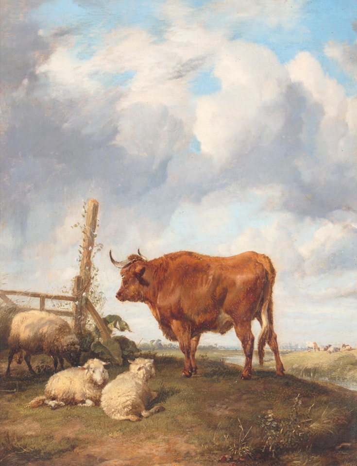 Cattle and three sheep on a hill by Thomas Sidney Cooper