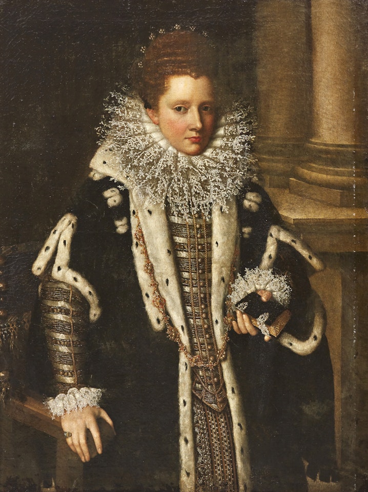 Portrait of Costanza Sforza of Santa Fiora (1550-1617), wife of Giacomo Boncompagni, standing three quarter length by a colonnade, her right hand resting on the armrest of a chair, with a prayer book in her left hand, dressed in a richly ornated dress with lace collar and ermine lined cape, a gold chain on her neck and pearls in her hair by Lavinia Fontana