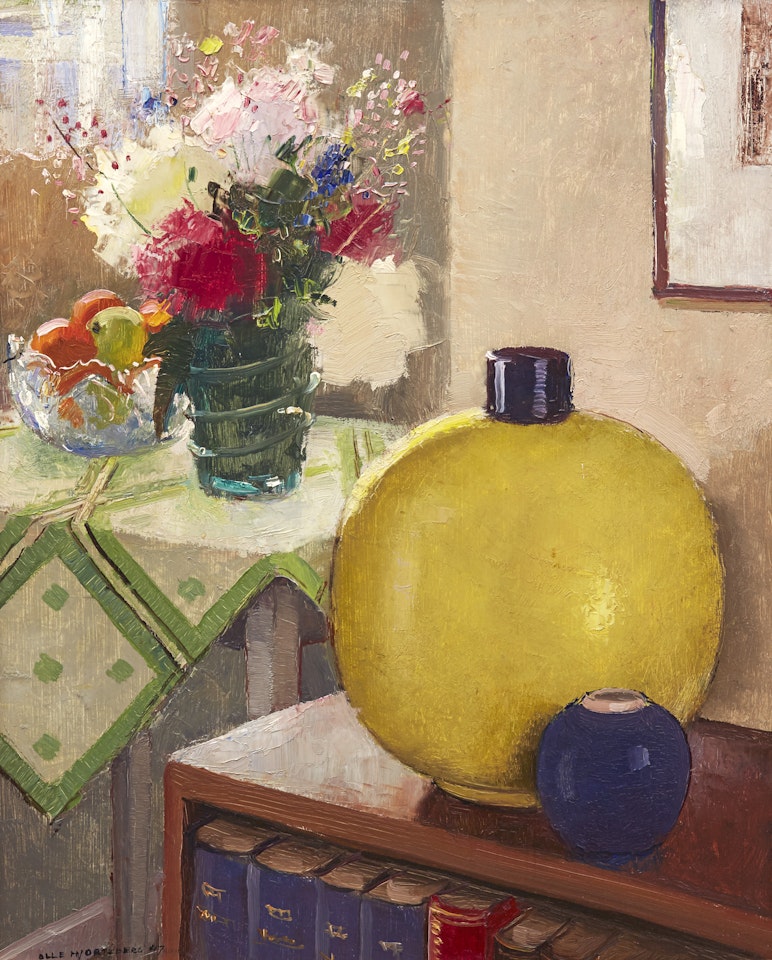 Interior with floral still life by Olle Hjortzberg
