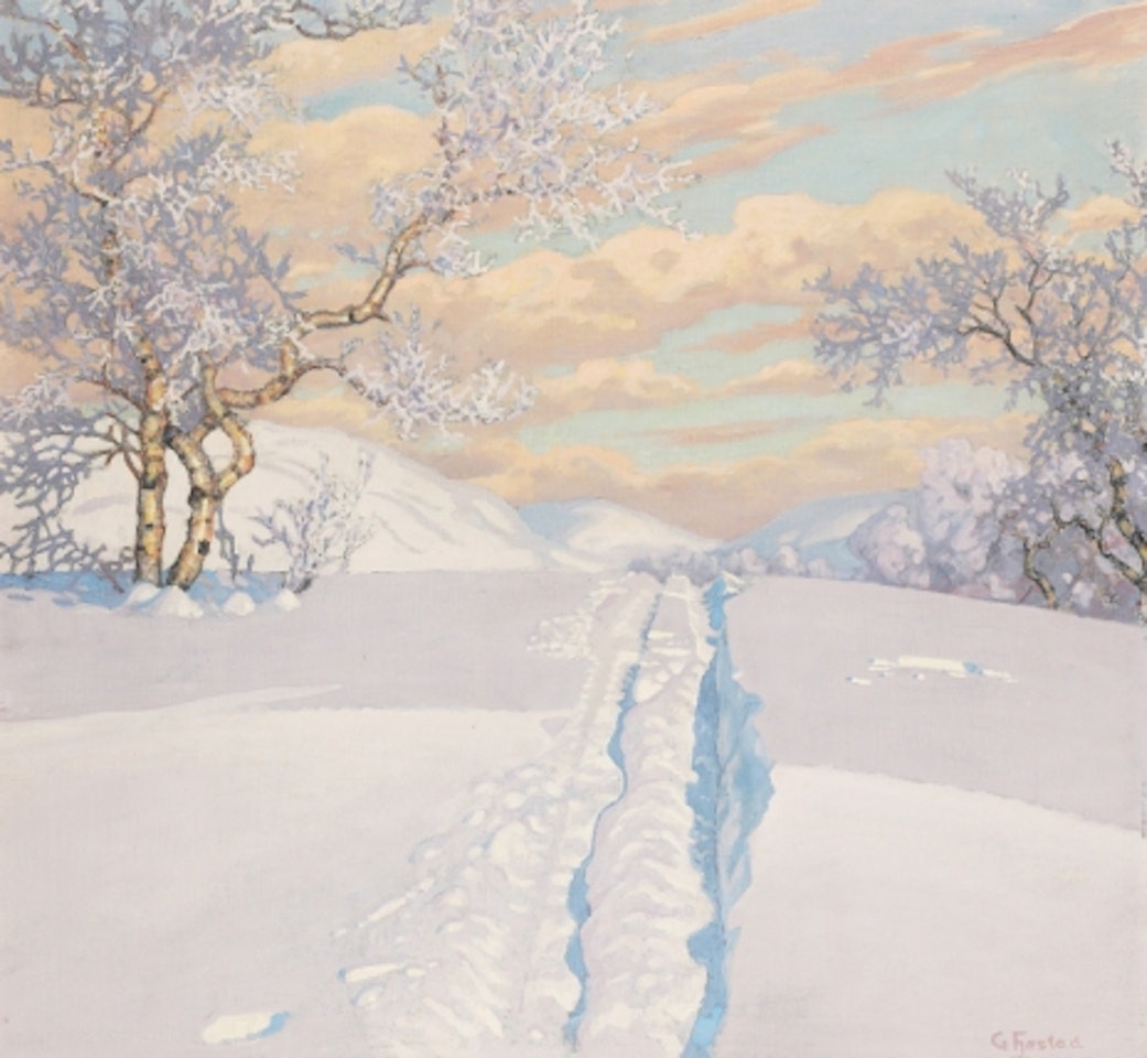 Ski tracks in fresh snow - winter landscape by Gustaf Fjaestad