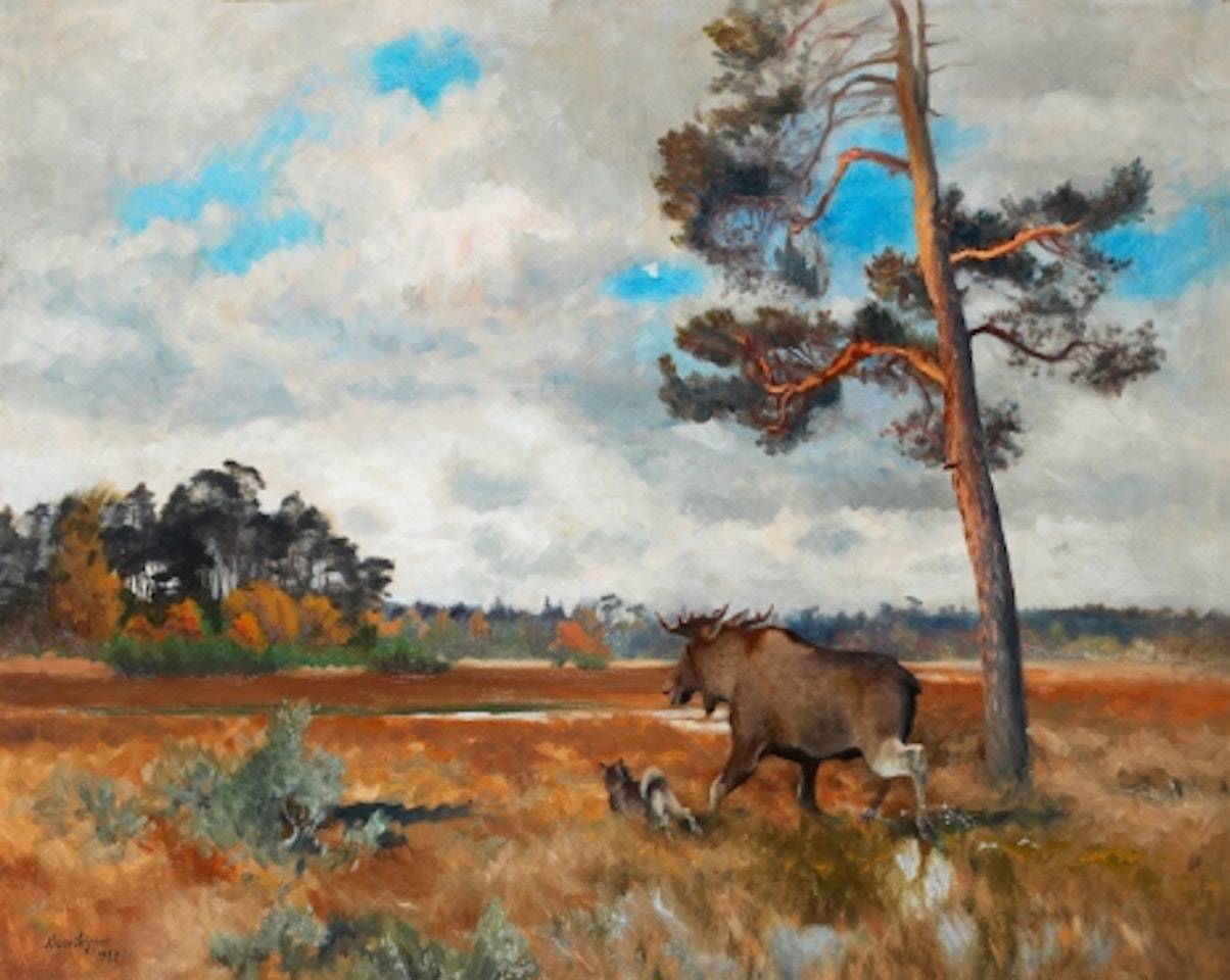 Moose and gray dog in an autumn landscape by Bruno Liljefors