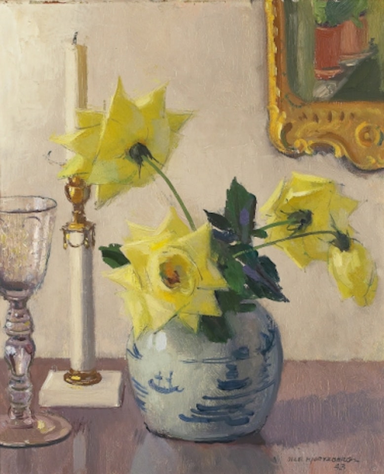 Still life with yellow roses in Chinese urn by Olle Hjortzberg