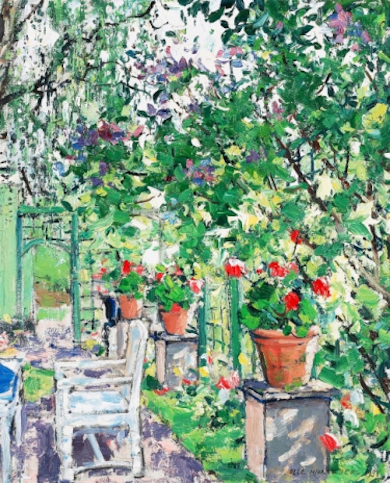 Terrace with blooming clematis and geraniums by Olle Hjortzberg