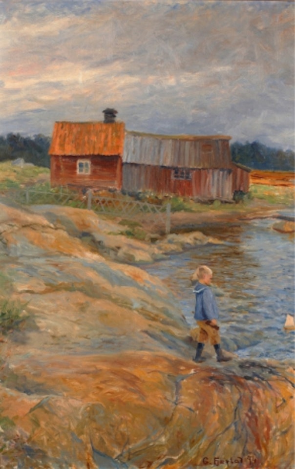 Boy by archipelago cliff by Gustaf Fjaestad