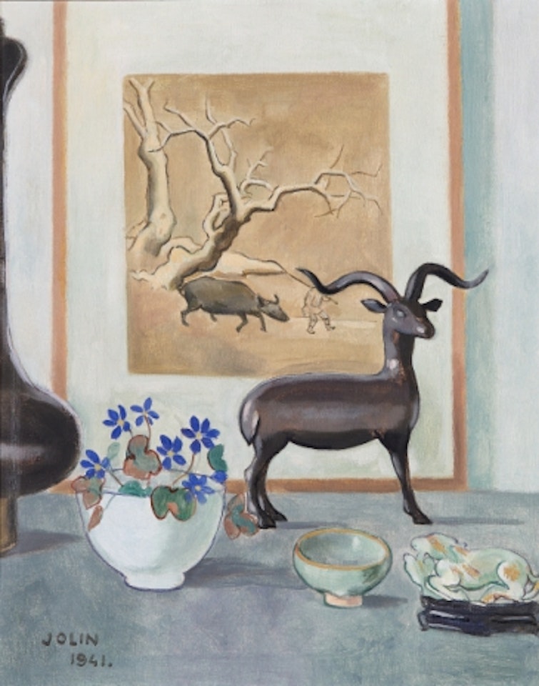 "Still life with bluebells and Indian sculpture" by Einar Jolin