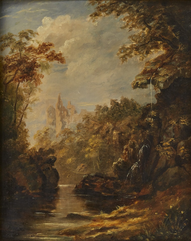 River landscape with a ruin by English School