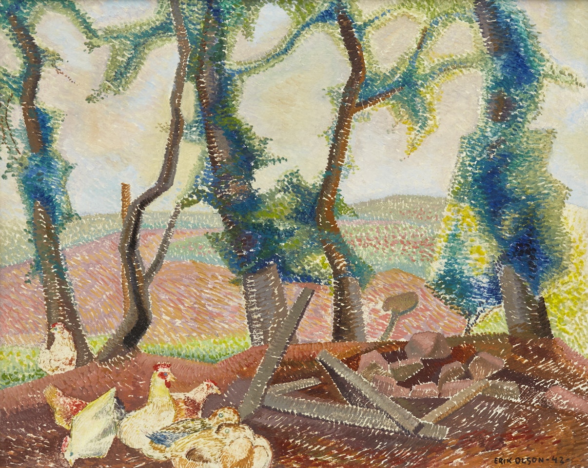 Landscape with chickens by Erik Olson