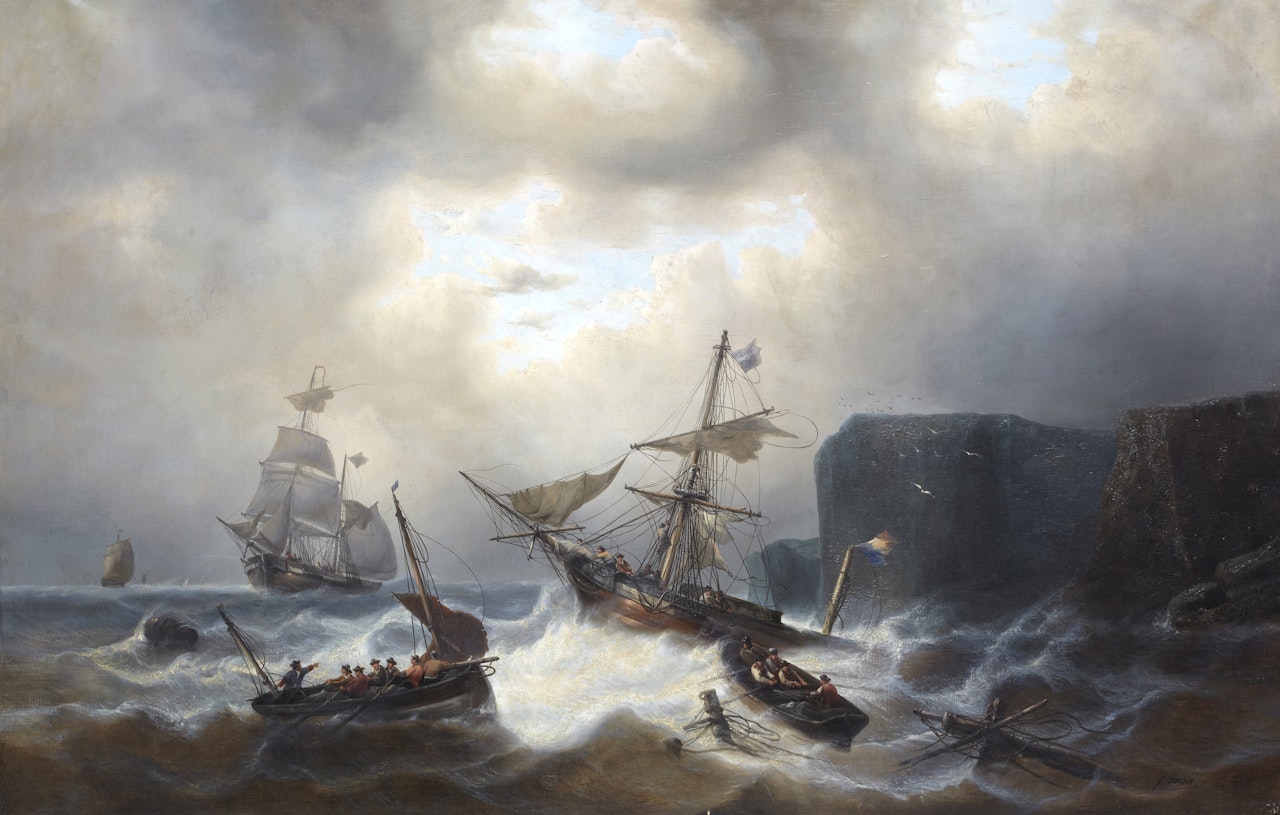 Ship on stormy coast by François Etienne Musin